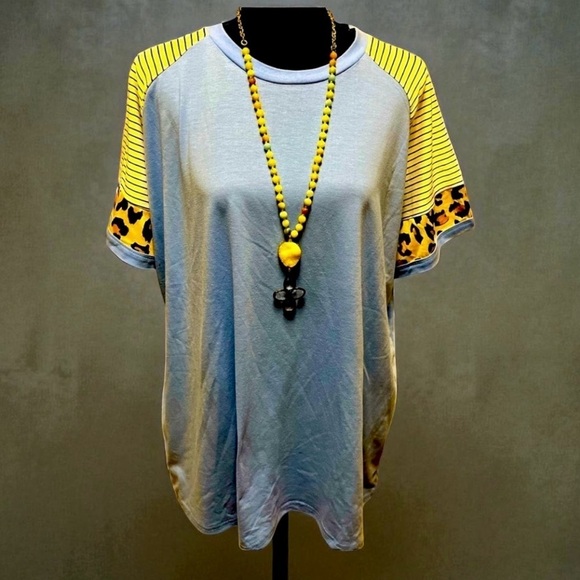 Tops - Baby Blue S/S Tunic with Leopard Print Sleeves